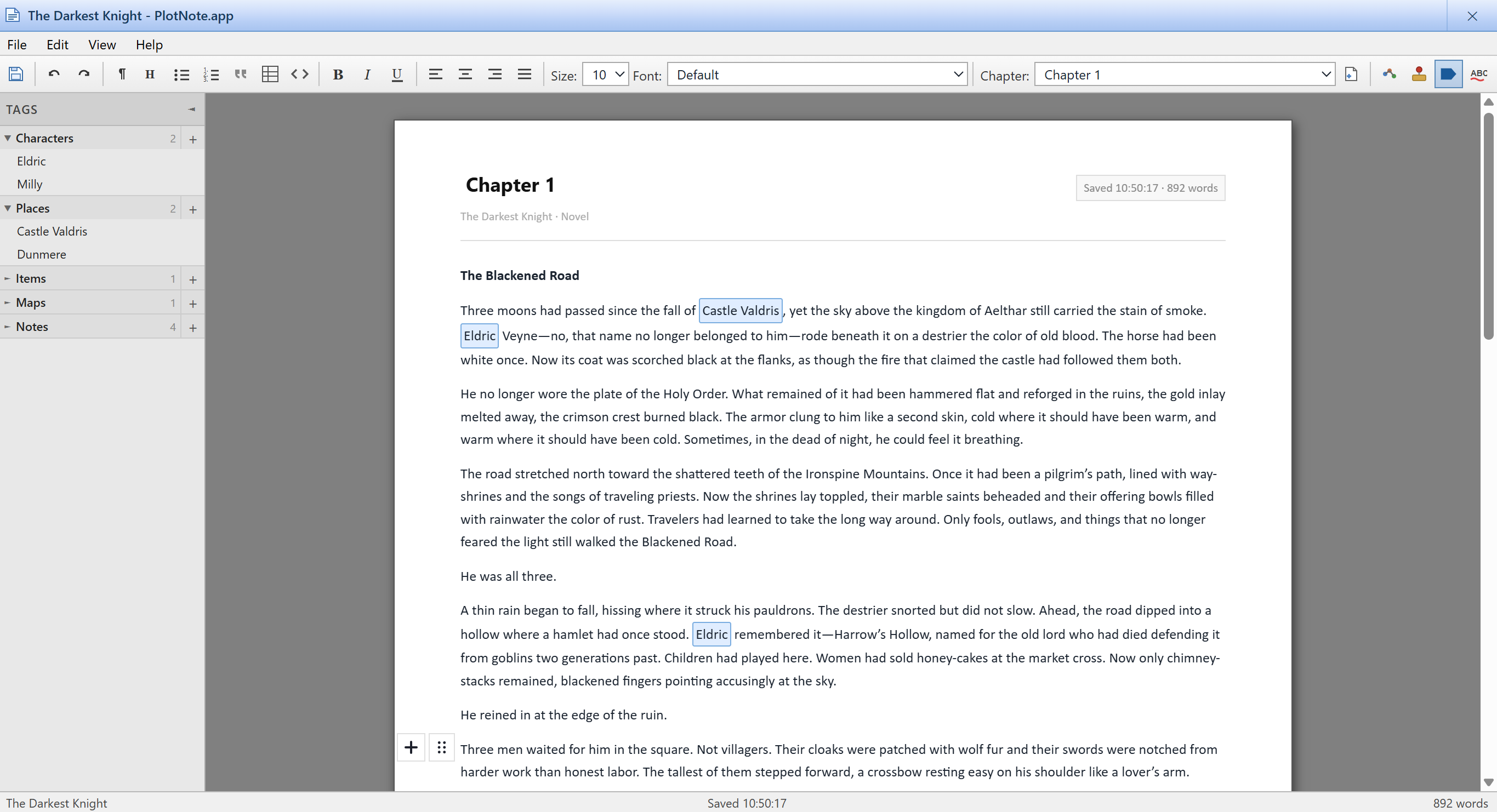 PlotNote chapter editor