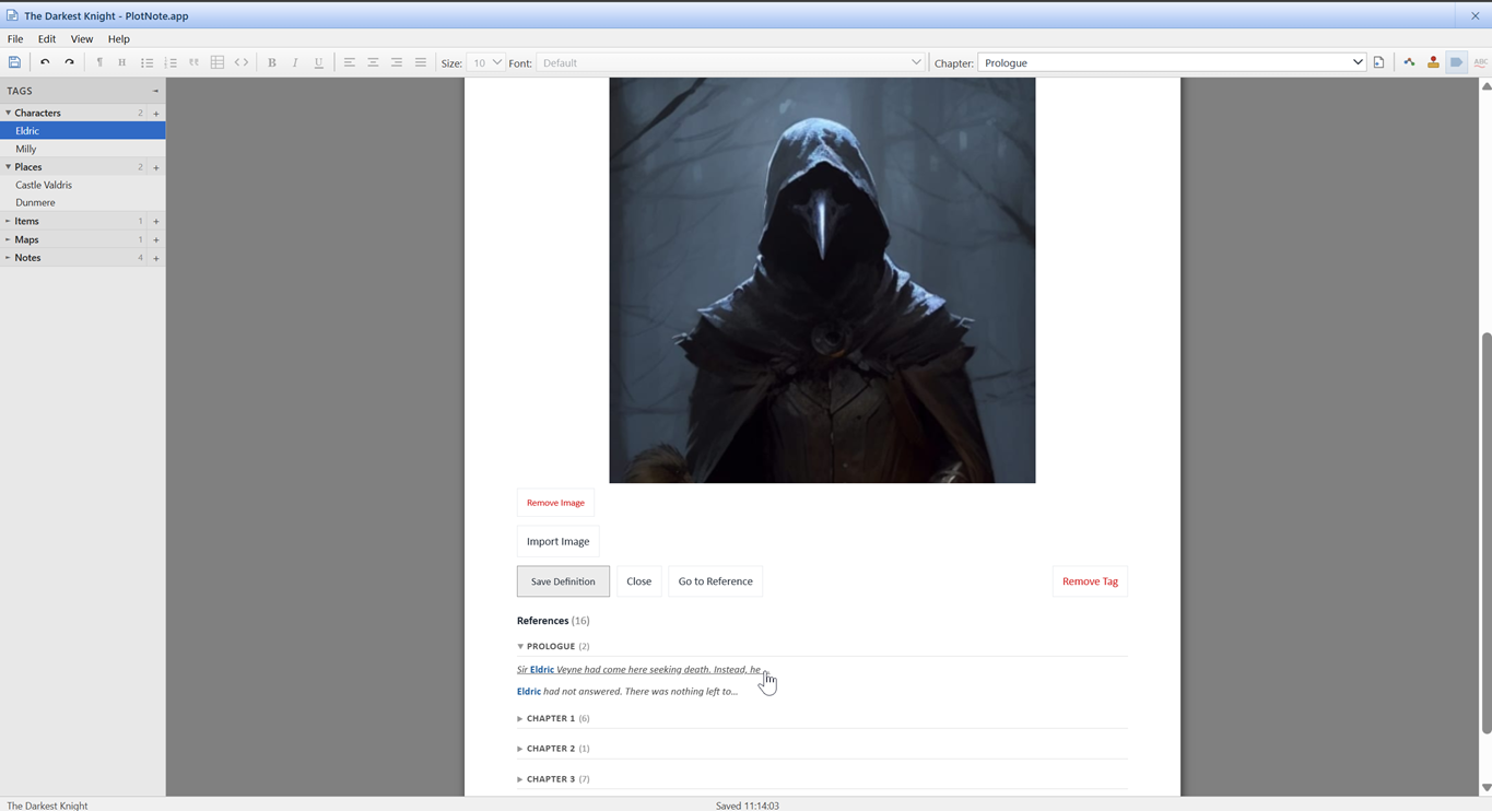 PlotNote character panel
