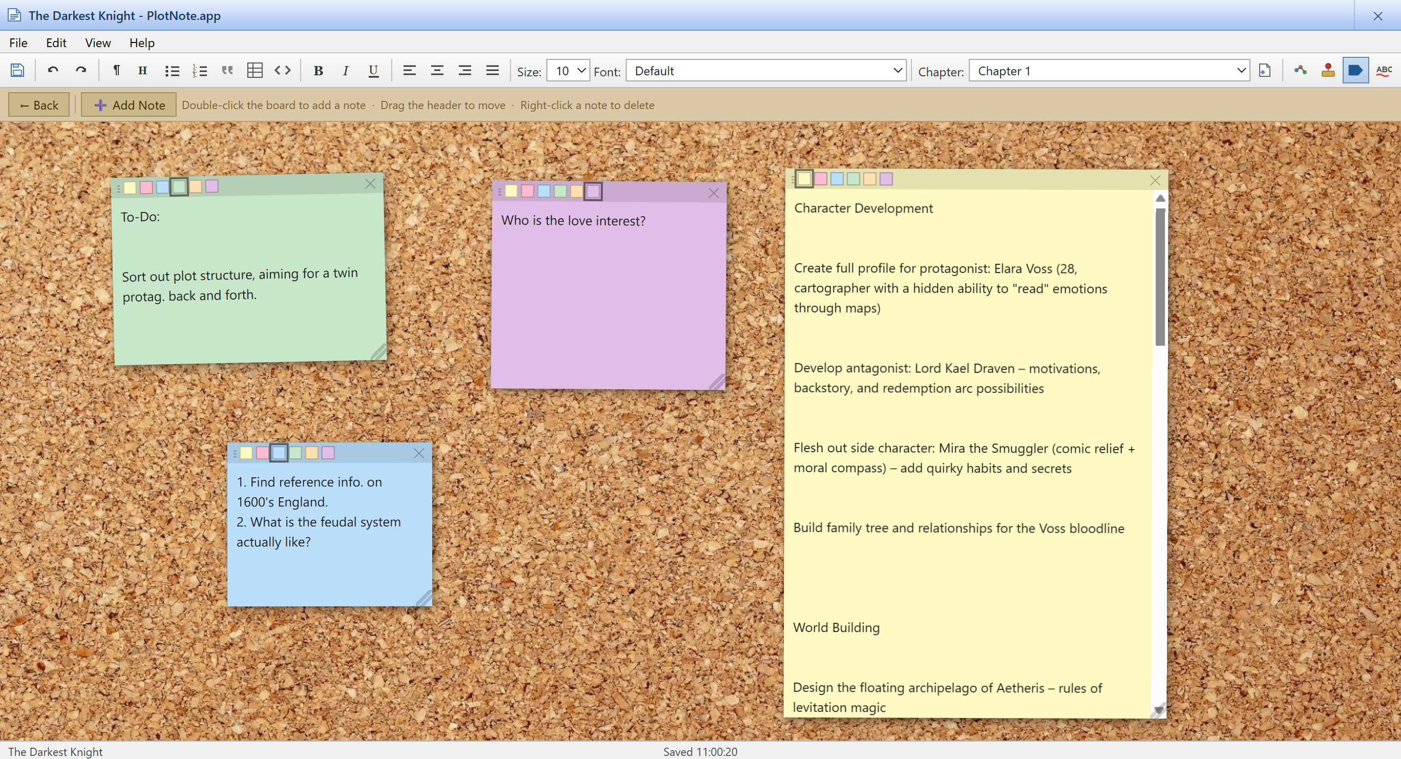 PlotNote corkboard