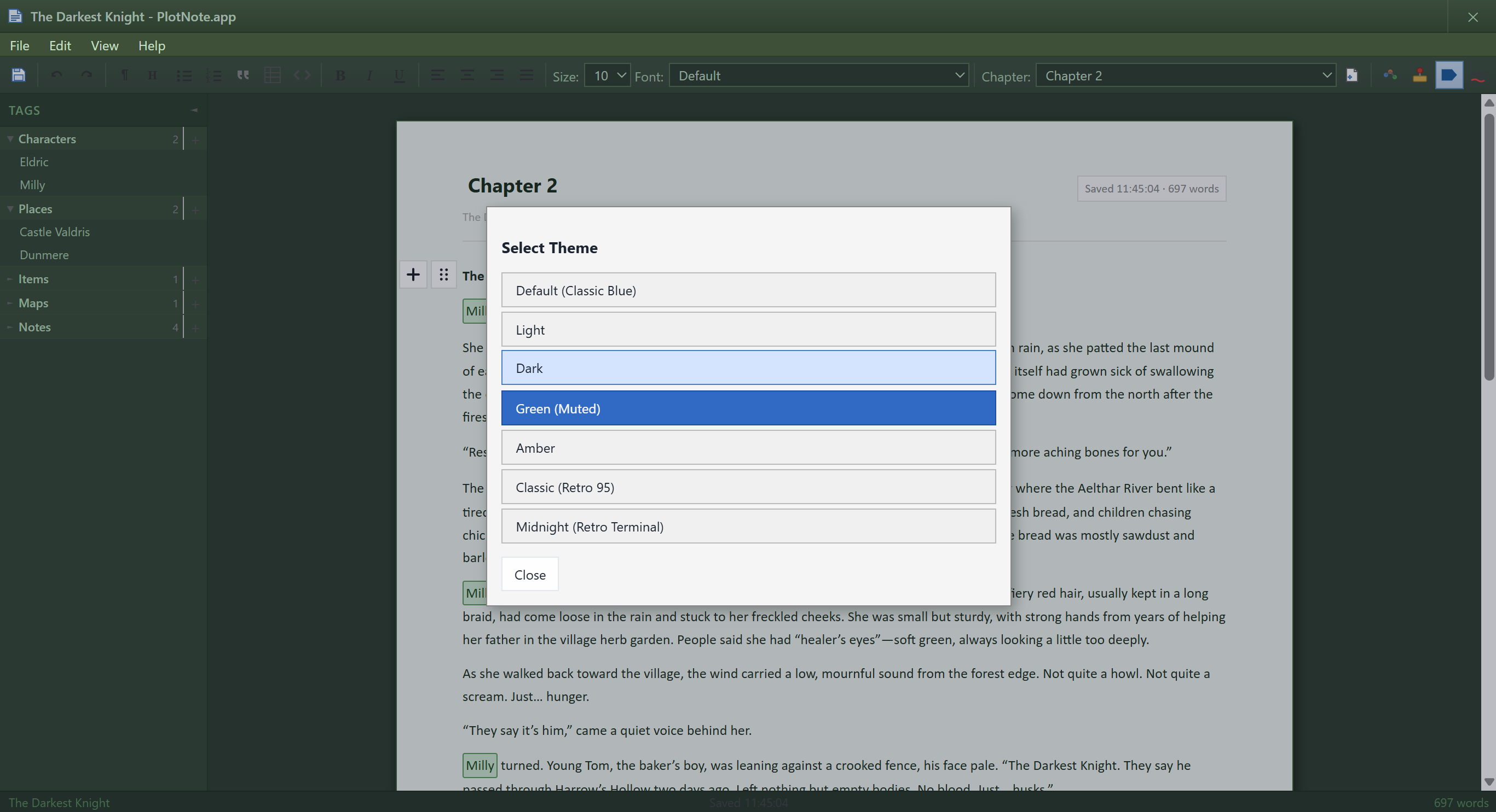 PlotNote editor themes